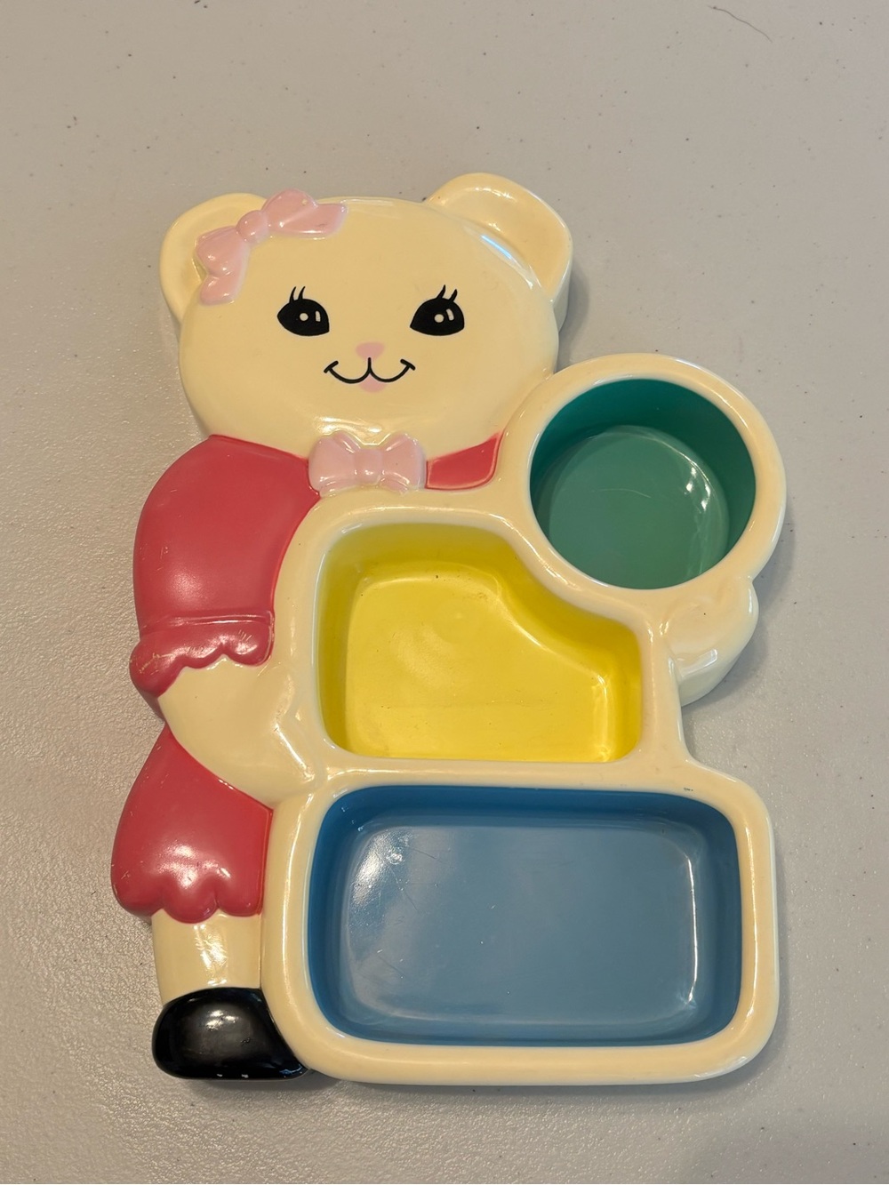 Vintage Kids Bear-Shaped Snack Tray in Pink, Yellow, Blue, and Teal